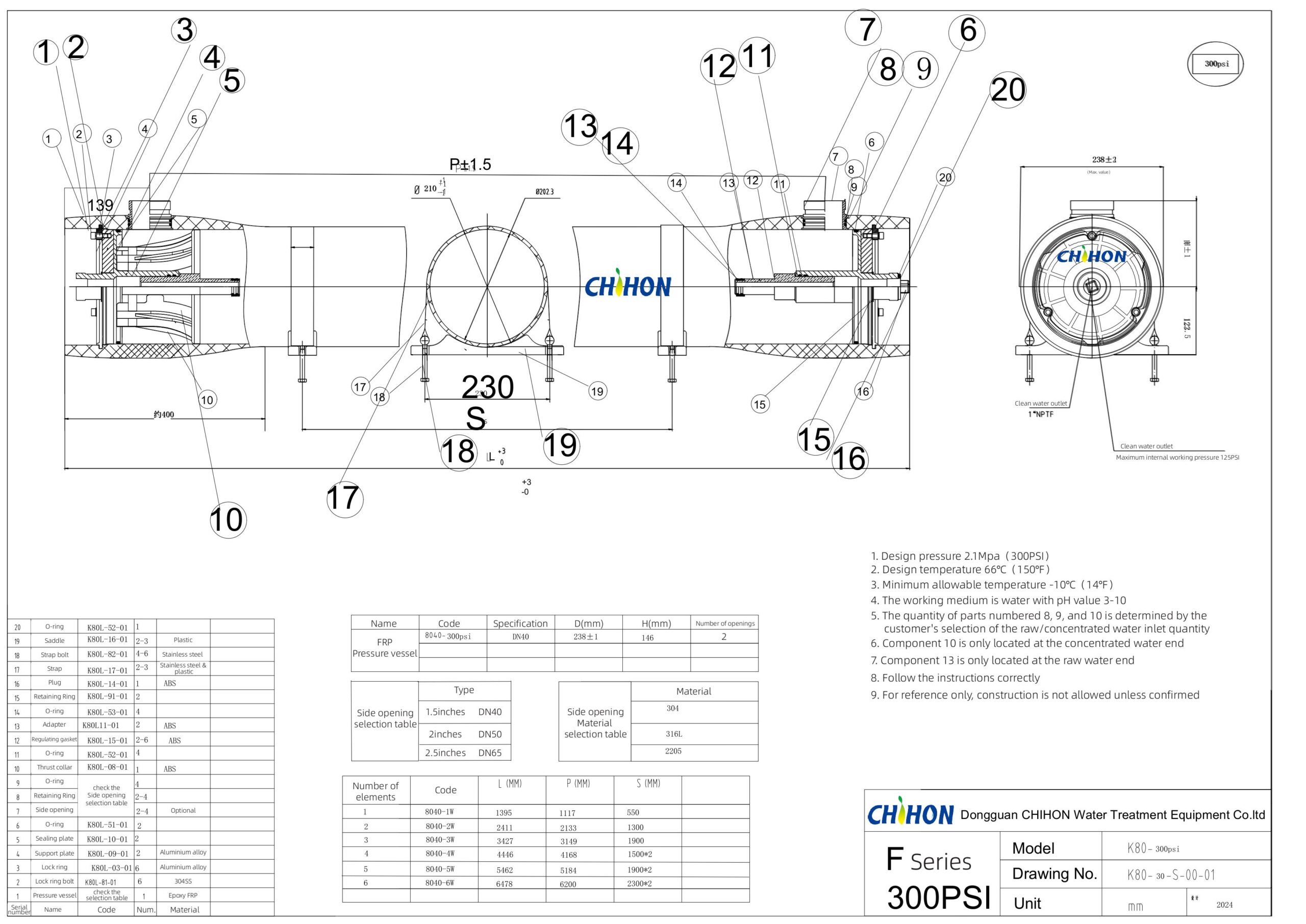 Vỏ RO composite 8inch - 300PSI 20 Membrane housing 8inch-Chihon