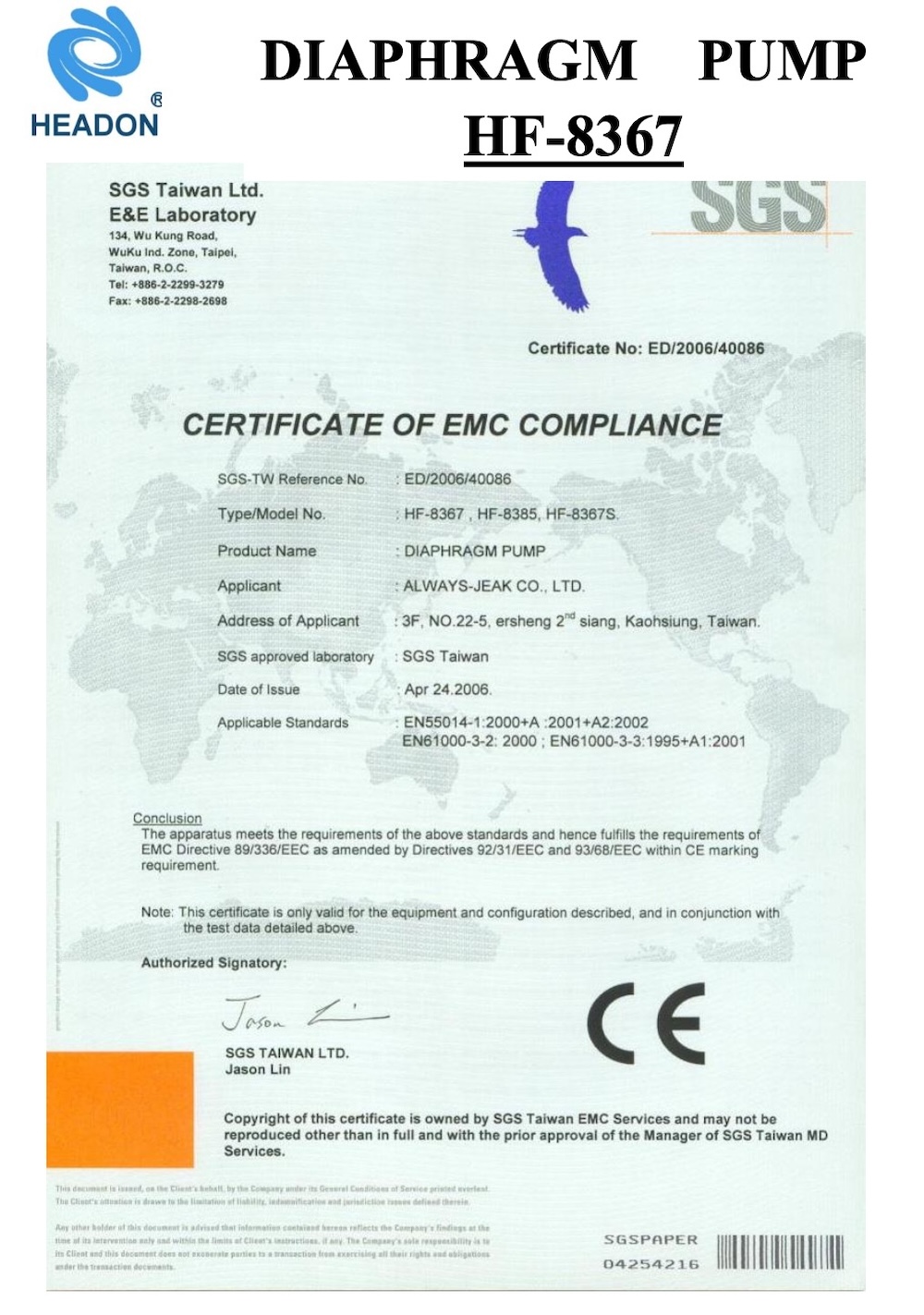 Heandon pump Certificate