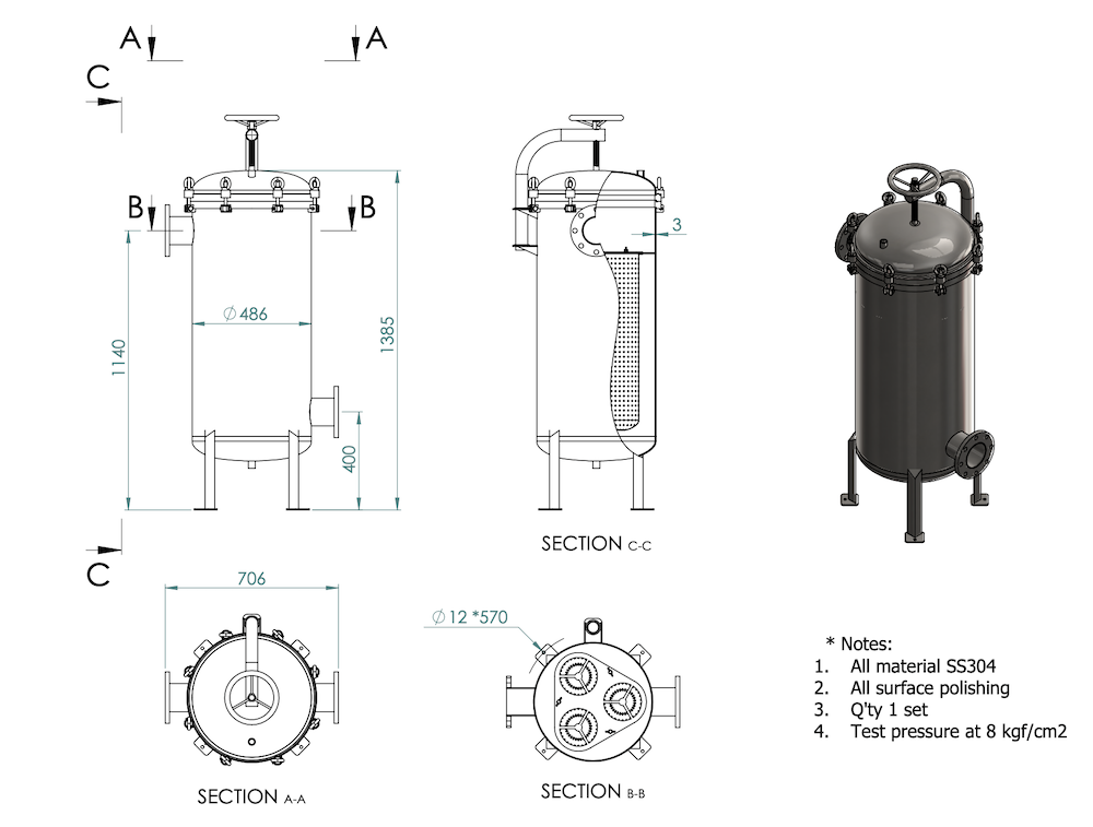 Bộ lọc túi vải inox chứa 3 túi vải size 2 16 SS Bag Filter - size 2 x 3bags-8